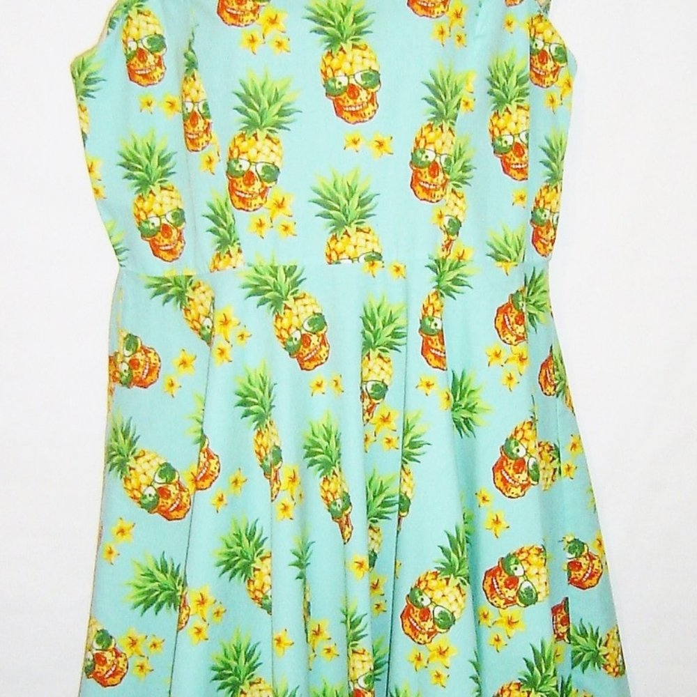 Hawaii Hangover Fit N Flare Dress Lt Blue Halloween Pineapple Skull Print Sz XL
